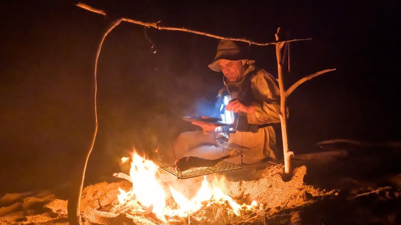 Grilling Fish Over Fire on a Tropical Beach - Alone Kayak Camping, Catch & Cook.
