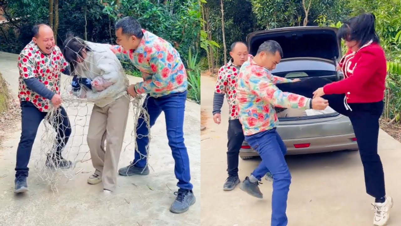 猖狂人贩子用网套住妇女，大笑着拖她进车里，正义路人挺身而出，打的俩人抱头鼠窜！#严惩败类 #搞笑 #funny #正能量剧情 #comedy