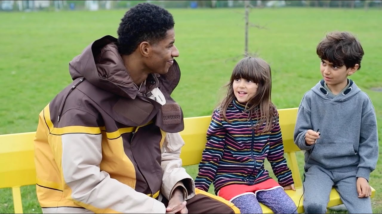 Young fans interview Marcus Rashford in his childhood playground