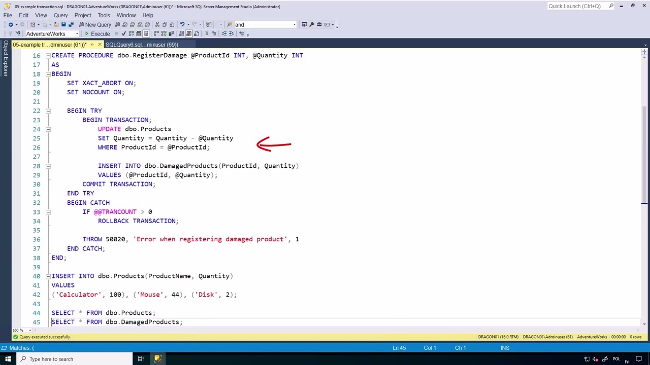 Kurs SQL Server, procedury, triggery, funkcje - Transakcja w procedurze