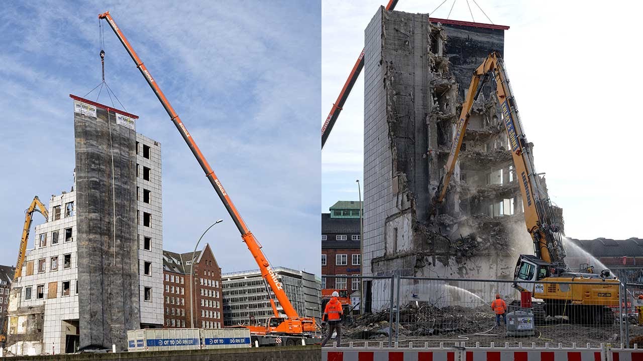 Abbruchschere pulverisiert Fahrstuhlschacht (Abriss der 4 City Hochhäuser in Hamburg; 4K)
