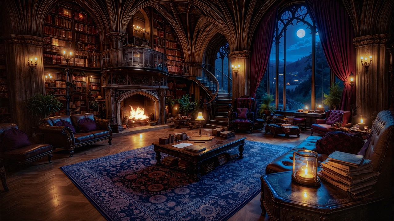 Quiet Spring Night Inside a Gothic Library | Dark Academia Music & Cozy Fireplace Ambience