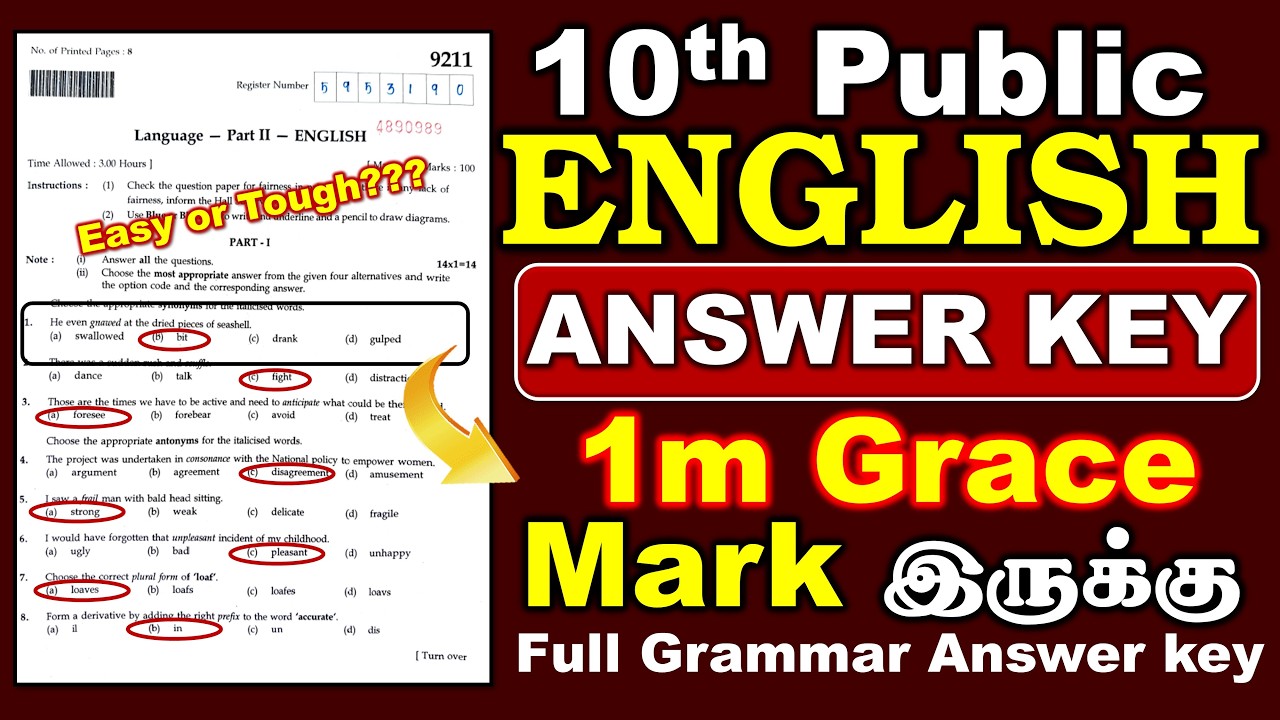 10th English Original Public Govt Answer key - 2026 -1m,2m Grammar key - Grace Mark Update (1m)
