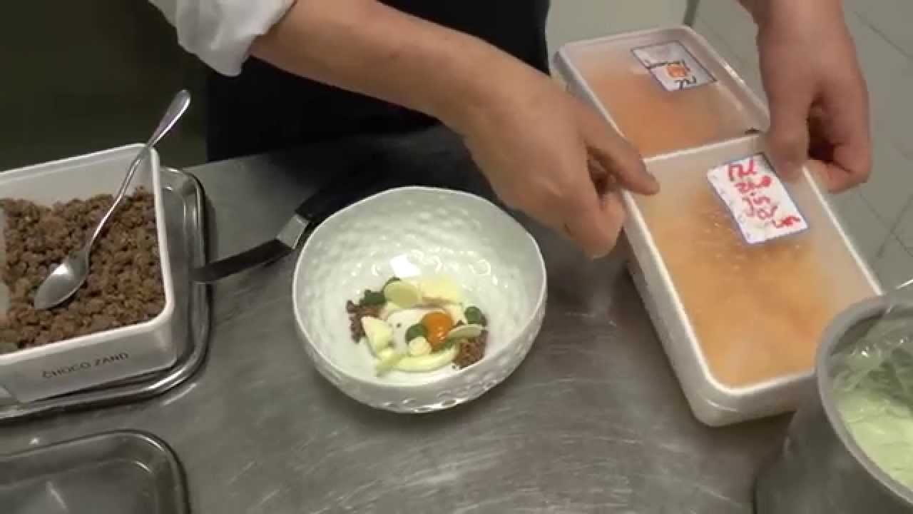 Marcel van Lier prepares a dessert with white chocolate at the Michelin star Latour