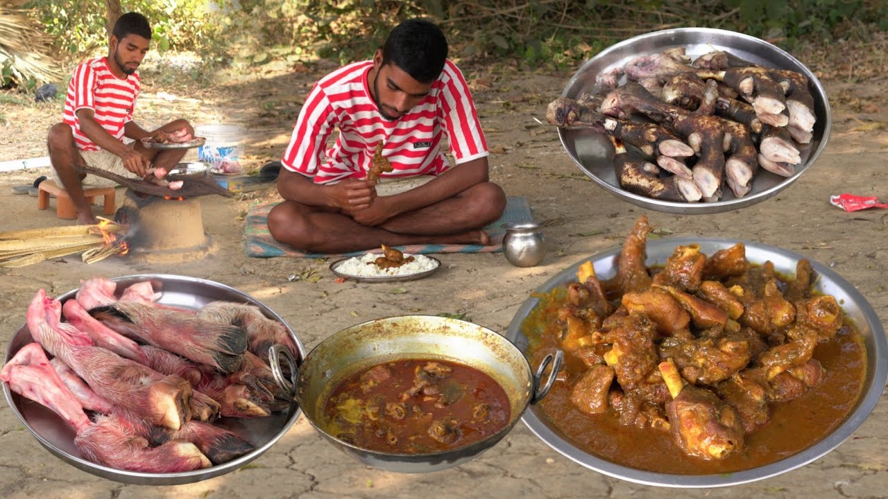 Mutton Paya Gravy Recipe| How to Clean Goat Leg Feet Cooking & Eating in village style| mutton curry