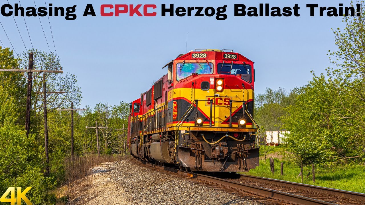 Chasing CPKC 3-WGA Herzog Ballast Train WB with two KCS MACs on the CPKC Galt Sub In Puslinch, ON