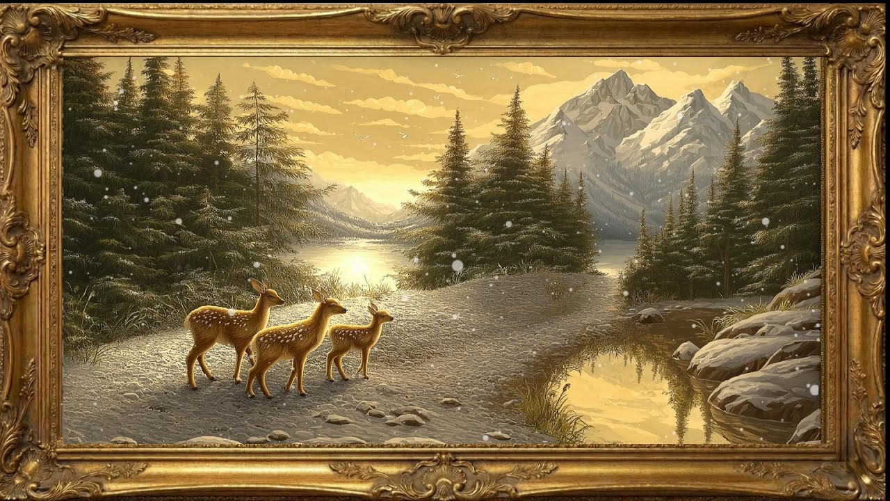 Vintage Golden Deer TV Art | Cozy Holiday Silent Screensaver