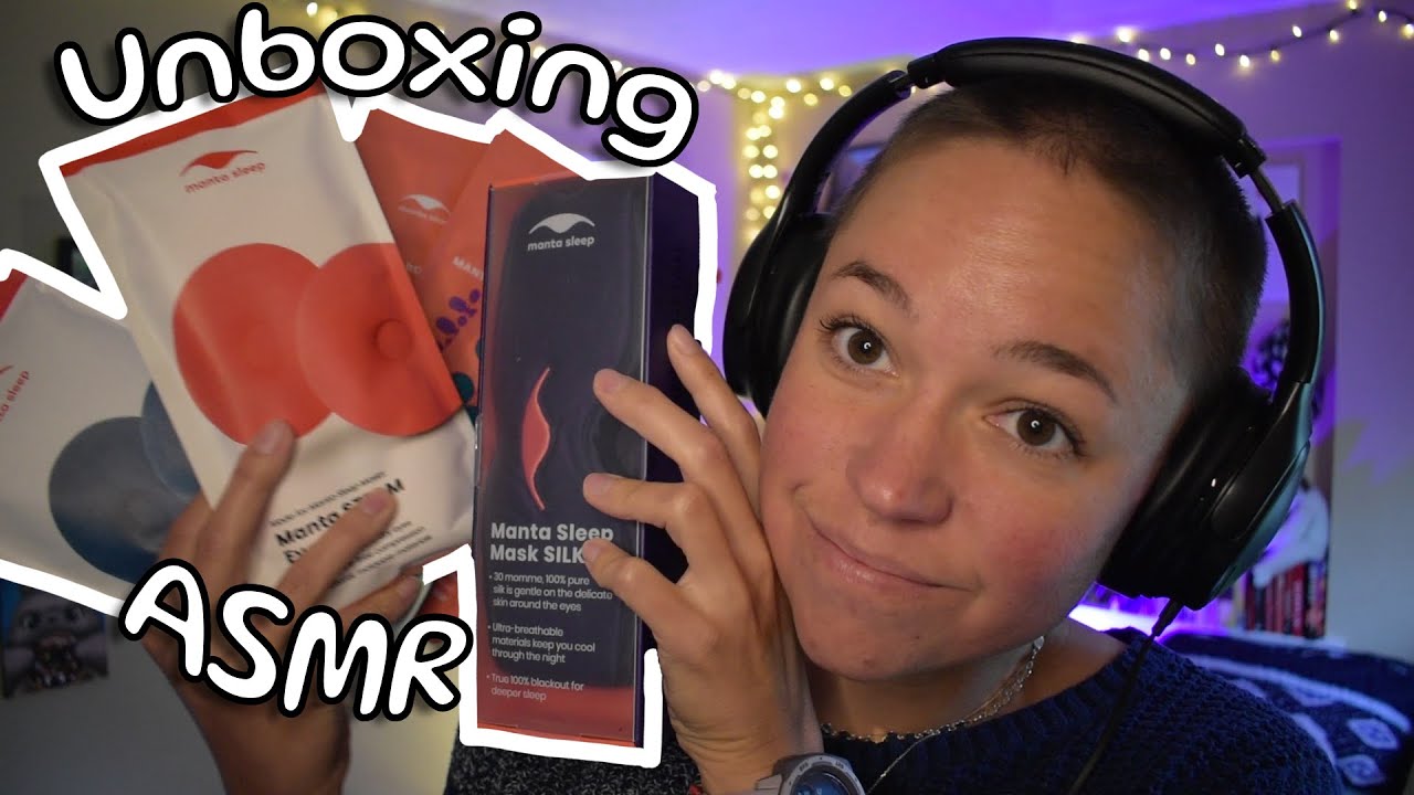 ASMR Manta Sleep Mask Unboxing! (whispering, package sounds, tapping, scratching, beanbag squishing)