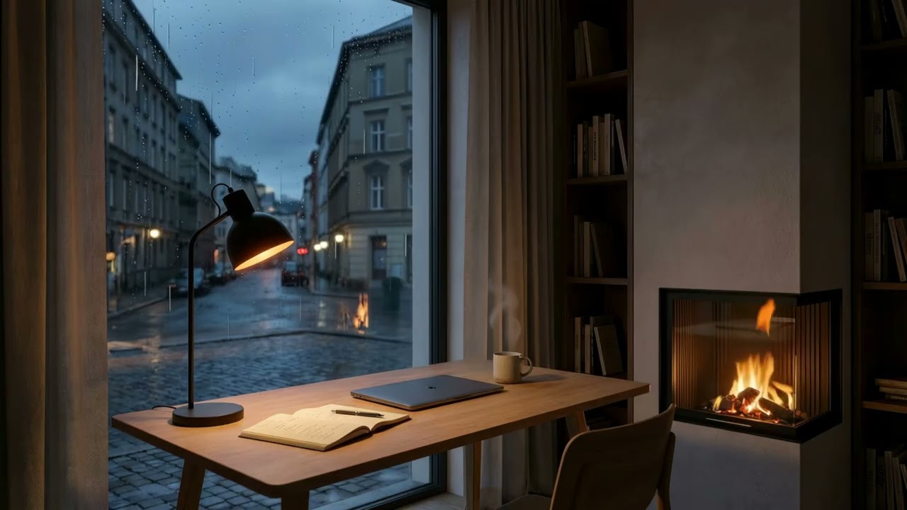 🔥 Cozy Fireplace Ambience with Rain Sounds 🌧️🔥 | Steaming Mug Aesthetic ☕ (4K)