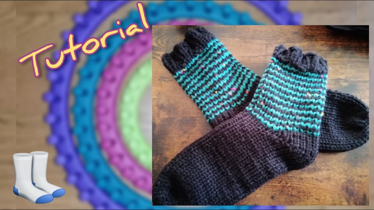 Stricke extrem einfache Socken mit geringeltem Schaft in 2 Farben - inkl. Ferse - auf dem Strickring