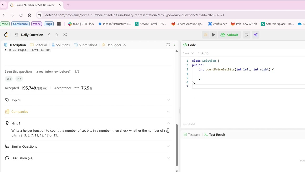 762. Prime Number of Set Bits in Binary Representation
