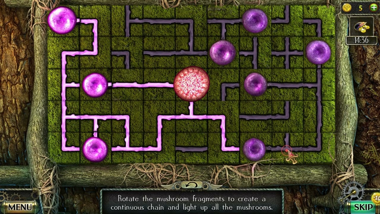 Rotate the mushroom fragments to create a continuous chain and light up all the mushrooms