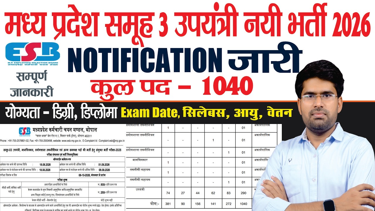 MP ESB Group 3 Recruitment 2026 | 1040 पद | आवेदन 18 अगस्त से | Exam Date, Syllabus, Salary