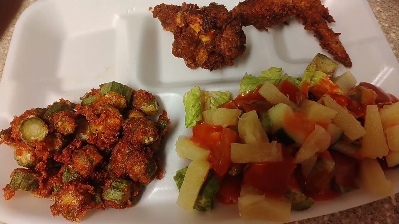 Granny couldn't get out sliding on ice soooo eating late lunch ttoss salad okra chicken
