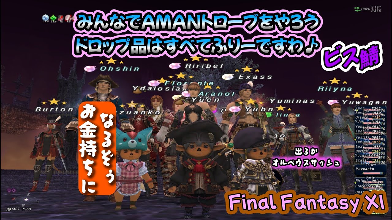 みんなでAMANトローブ🥇ドロップ品はすべてふりーですわ※参加条件なんでもオーブ１個♪(FF11ビス鯖)