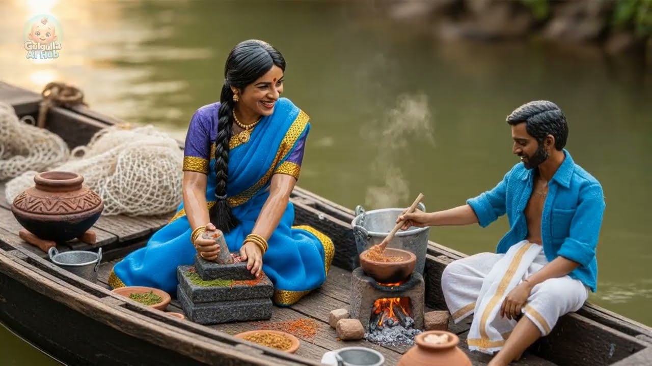 Miniature Doll Indian Cooking on Boat in River | Peaceful Village ASMR