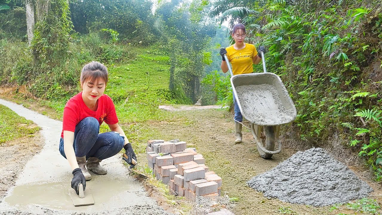 Timelapse - Day 18 , Two Sisters Help Build Concrete Farm Road – My Bushcraft Adventure