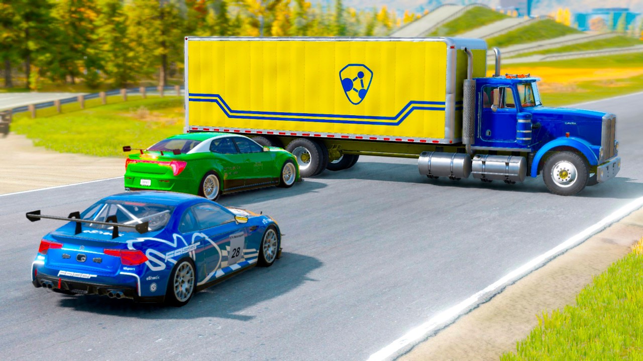 Double Flatbed Trailer Truck vs Speedbumps Train vs Cars | Tractor vs Train Beamng.Drive
