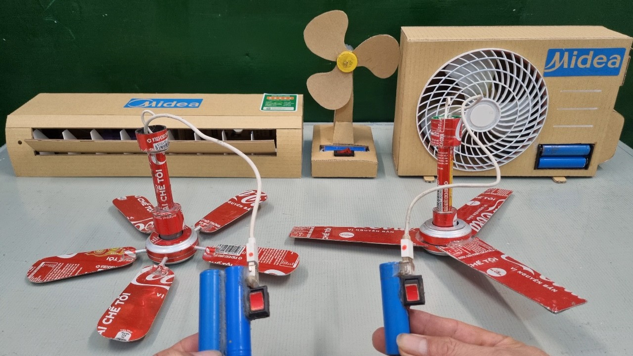 The toy ceiling fan and air conditioner both use rechargeable batteries.