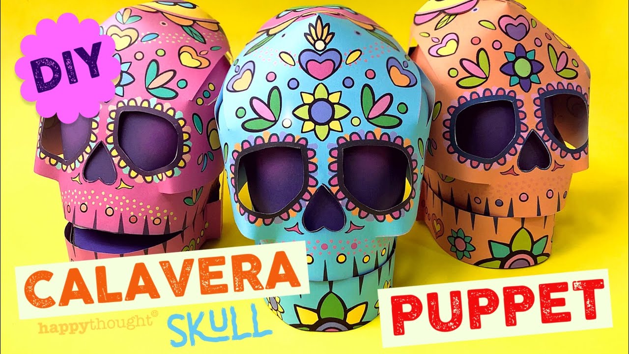 Make a DIY Sugar Skull hand puppet video tutorial. Blue 3D calavera puppet templates • Happythought