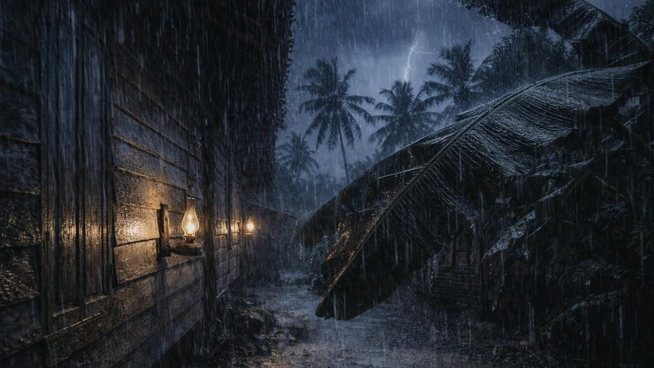 Midnight Storm in a Tropical Village | Cinematic Rain Ambience for Insomnia Relief