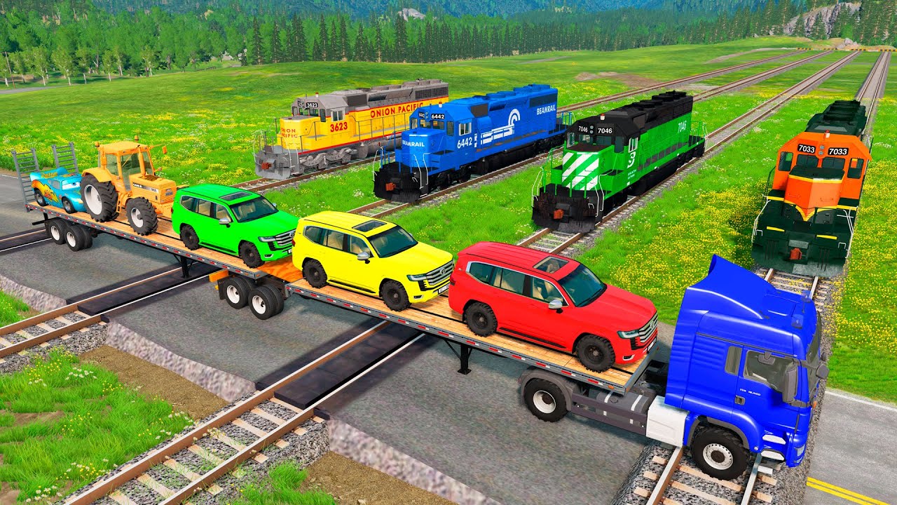 Flatbed Trailer McQueen Transportation with Truck - Speedbumps vs Cars vs Train - BeamNG.Drive #137