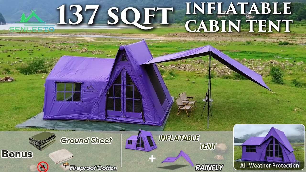 SENLEETO A-Frame inflatable tent for camping with Rainfly,blackout blow up tent with awning.