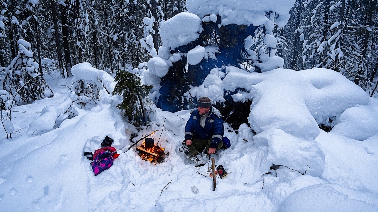 Hiding under the root of a fallen tree from a snowstorm