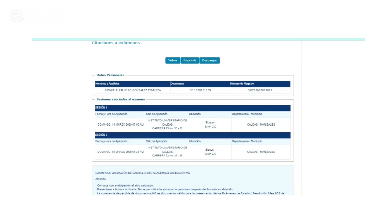 Citaci&oacute;n del examen ICFES Marzo 2026