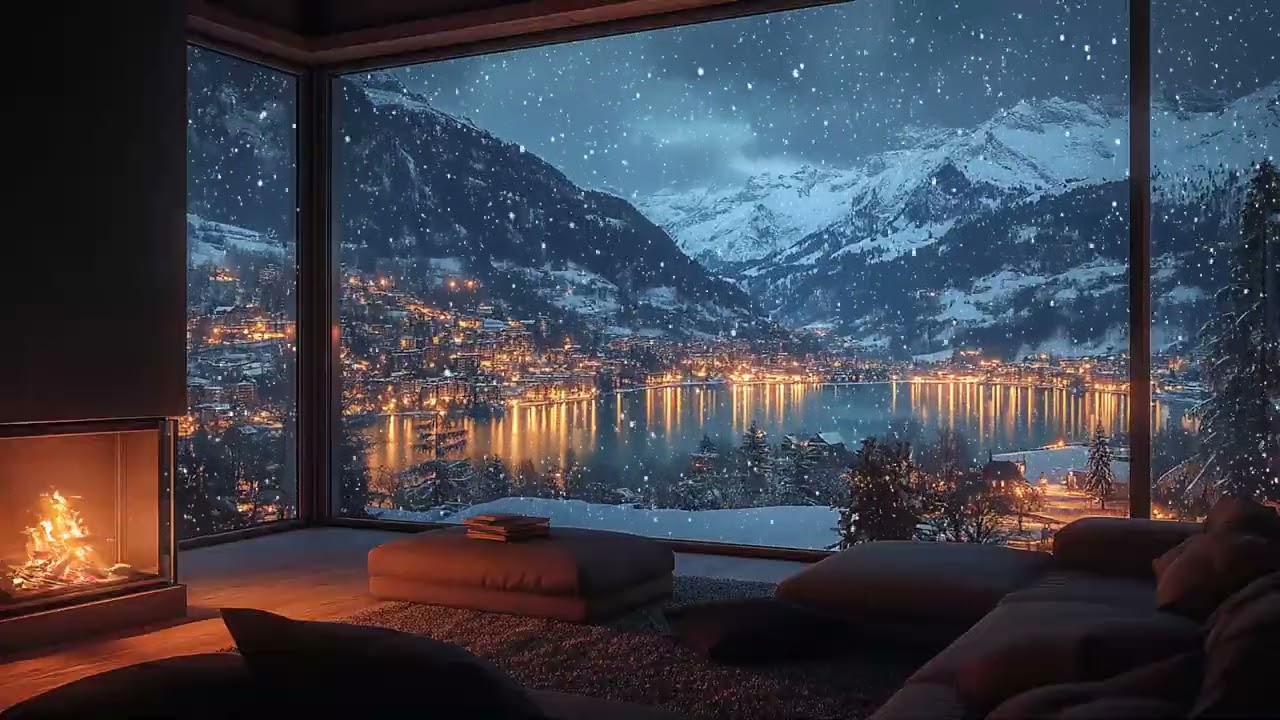 Silent Snowy Lake at Night | Soft Winter ASMR Sounds & Crackling Fireplace