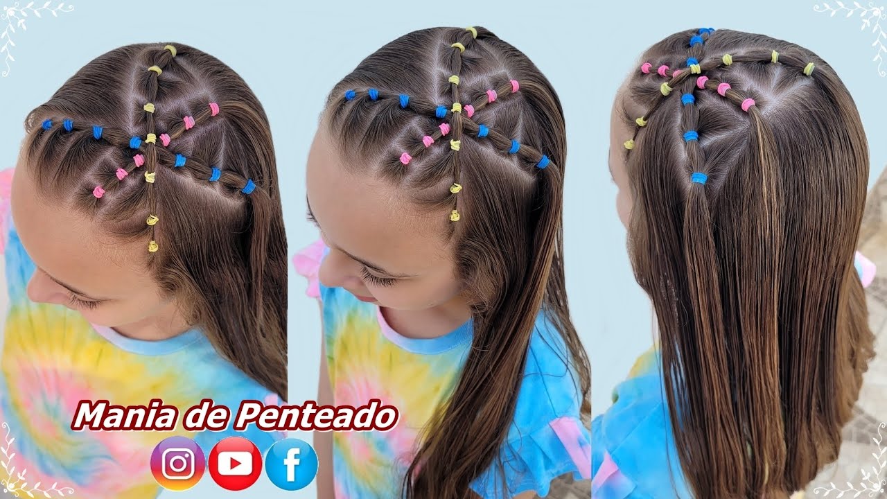 Penteado Infantil Transpassado com Liguinhas e Cabelo Solto | Hairstyle with Rubber Band for Girls.🥰