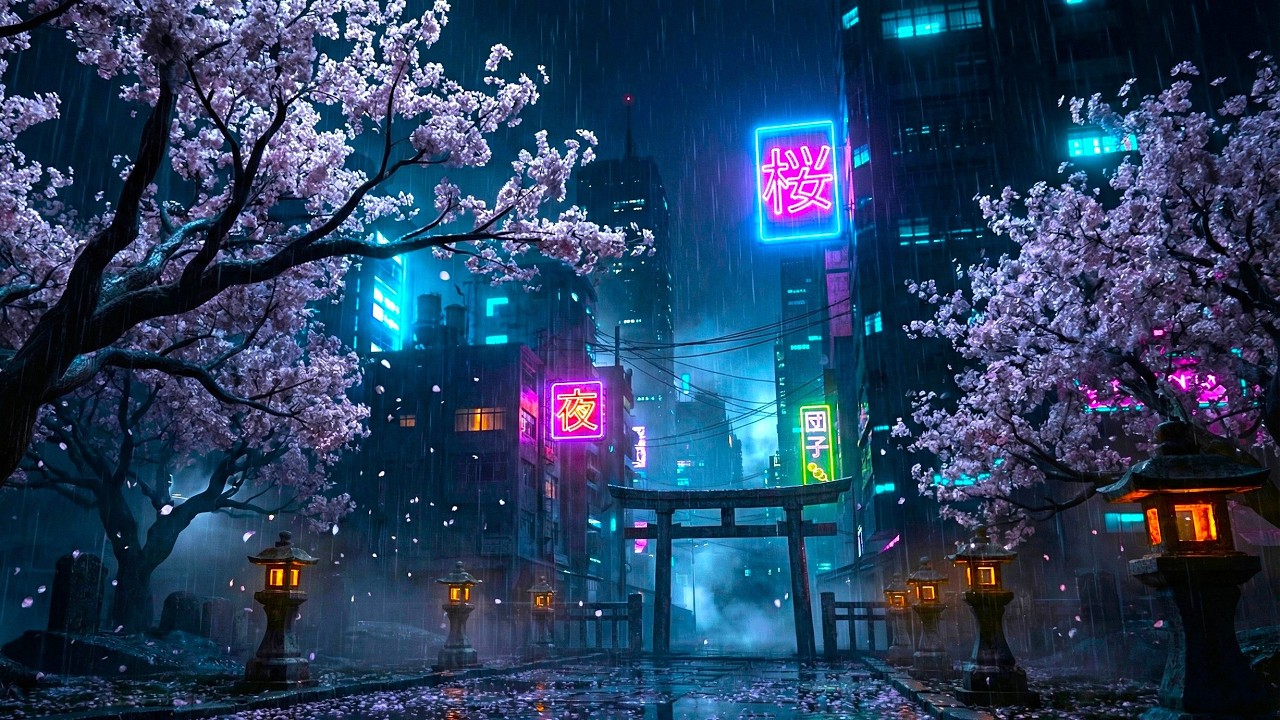Rainy Cyberpunk Sakura Street 🌸🌧️ | Lofi Ambient Music for Study & Late Night — 4K