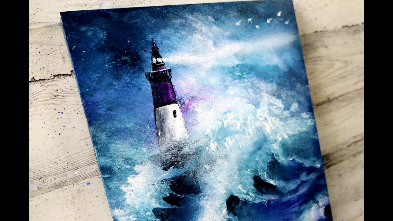Lighthouse in Stormy Seas | Easy Painting for Beginners | Acrylics
