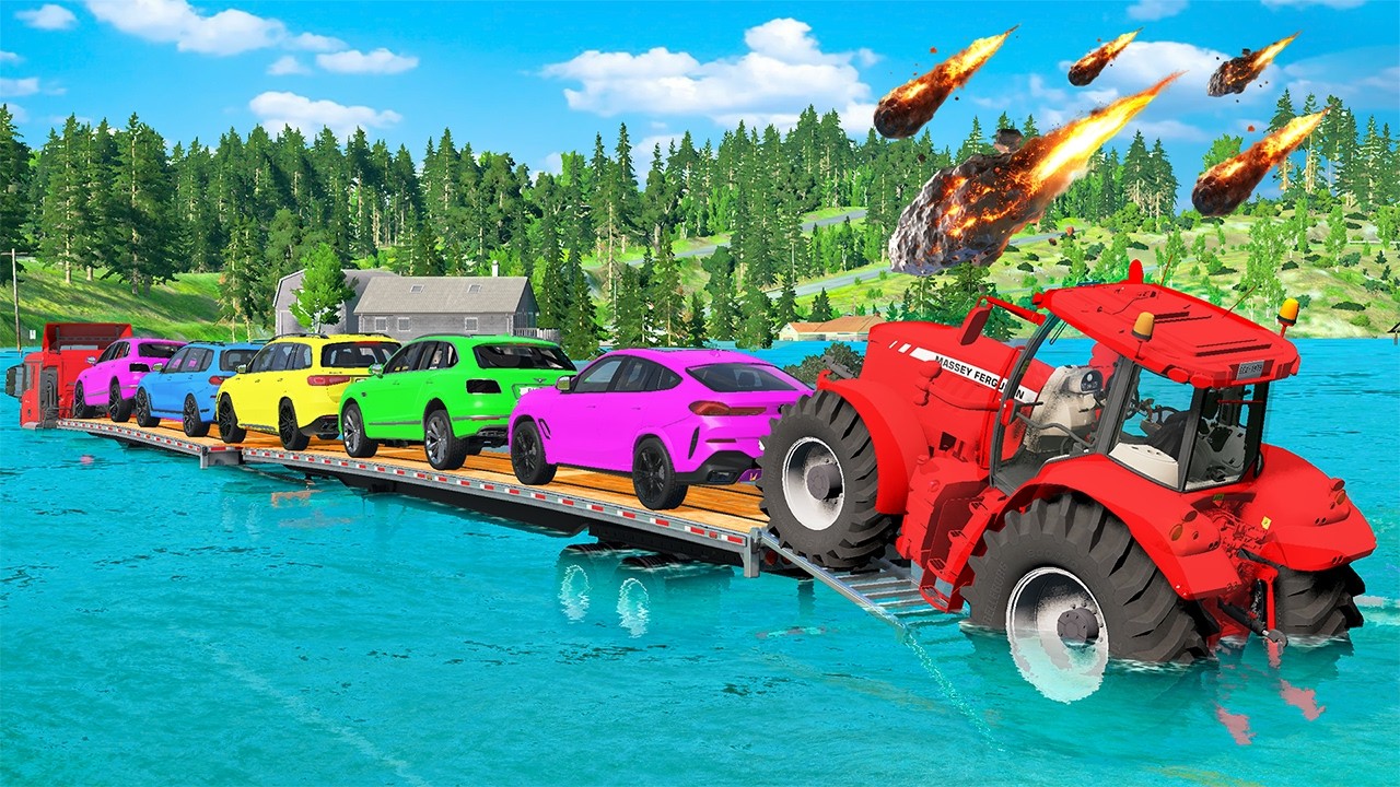 Triple Flatbed Trailer McQueen Transportation with Truck - Speedbumps vs Cars Flooded - BeamNG #15