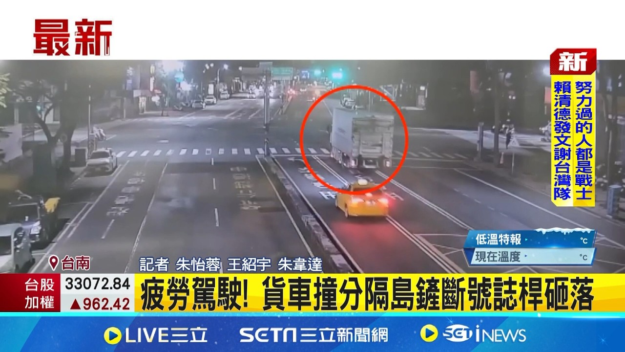 疑疲勞駕駛! 貨車卡分隔島撞斷號誌桿! 號誌掉砸落險砸對向車輛｜三立新聞網 SETN.com