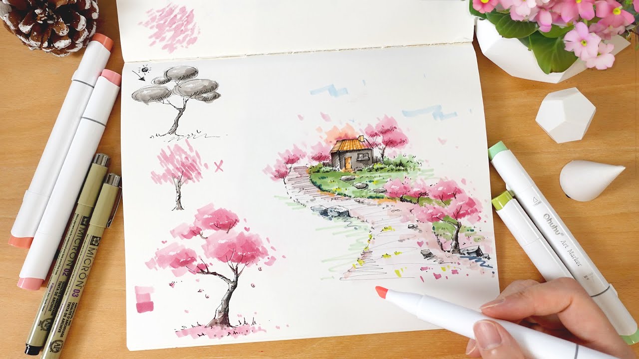 How to Draw Cherry Blossom with Pen and Markers