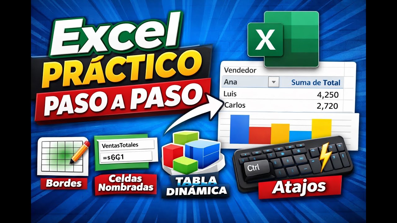 Excel práctico paso a paso: bordes, celdas nombradas, tablas dinámicas y atajos.