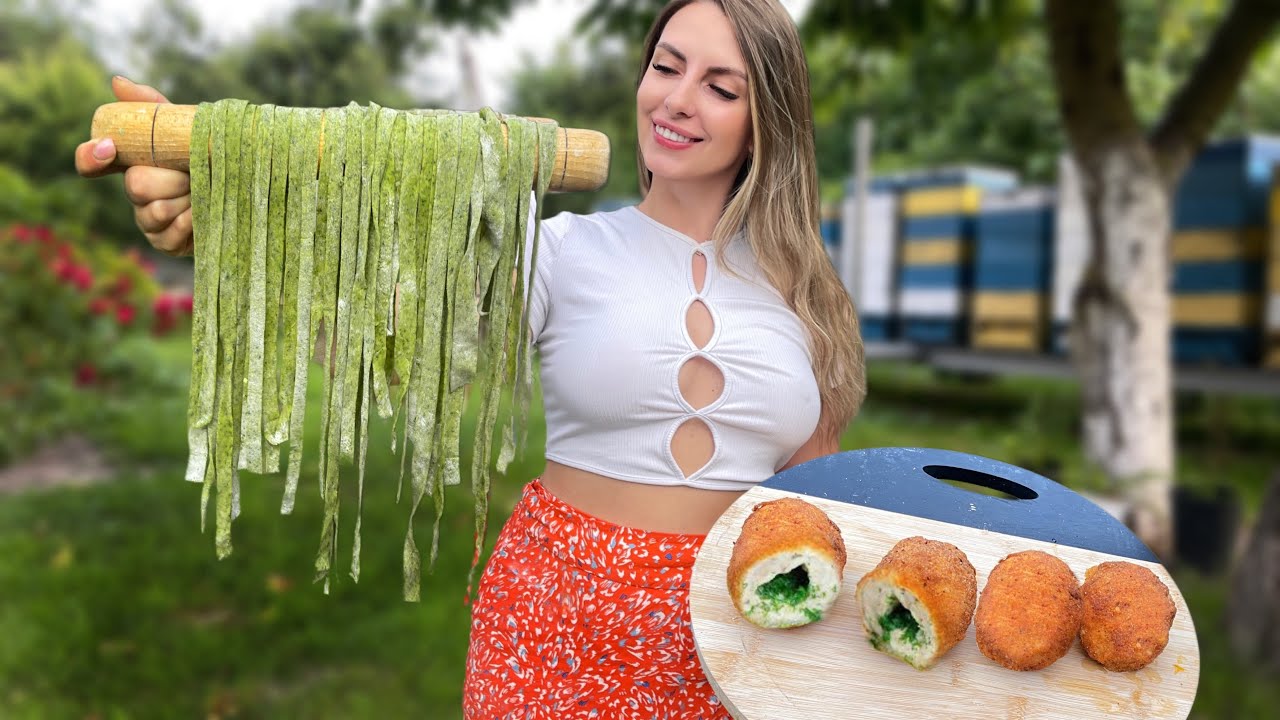 Cooking Homemade Green Pasta with Chicken Kyiv l Village Cooking ASMR