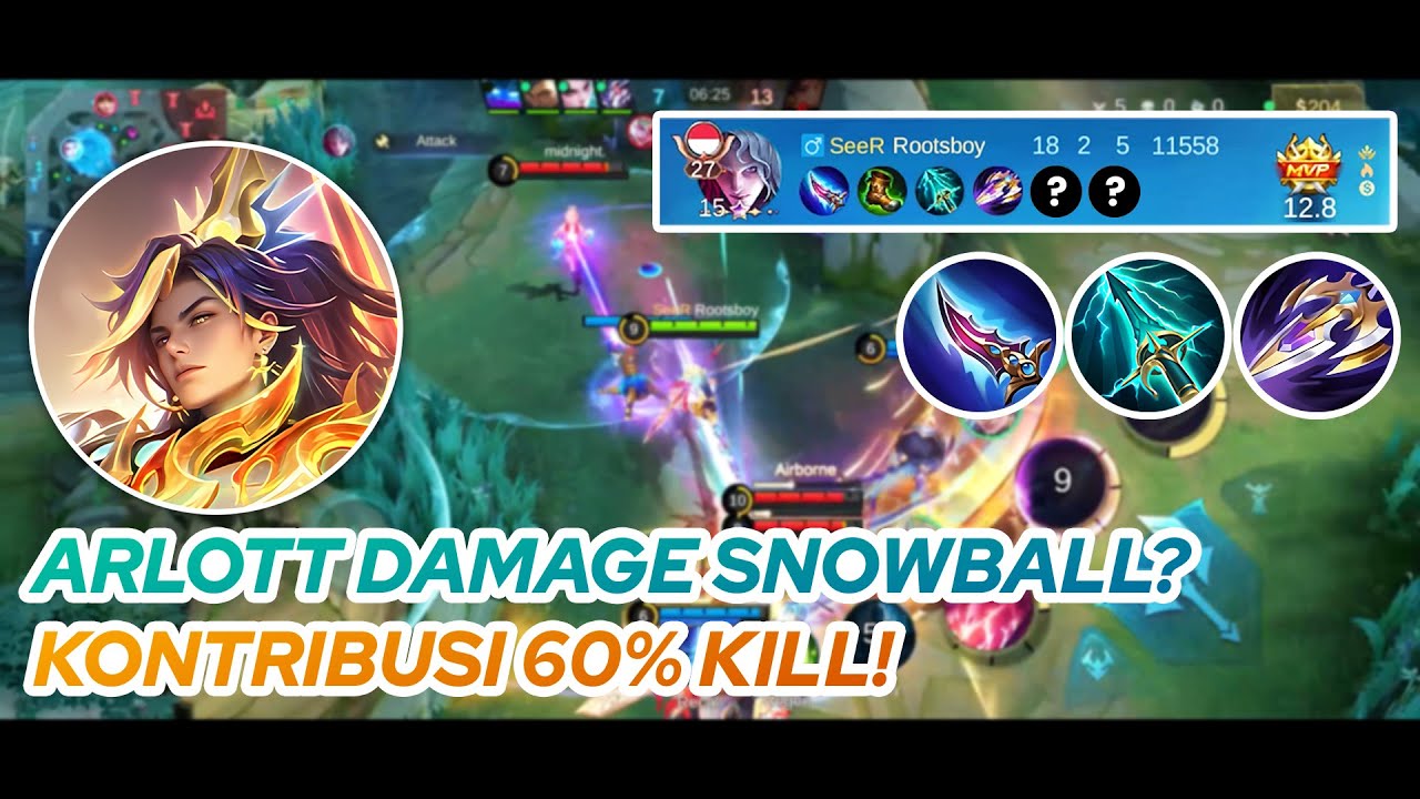 ARLOTT GAMEPLAY | ARLOTT DAMAGE SNOWBALL? KONTRIBUSI 60% KILL! | MLBB
