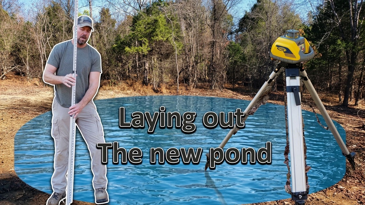 EP #1 DIY pond build! Laying out the pond with laser level-Cabin in the woods pond build