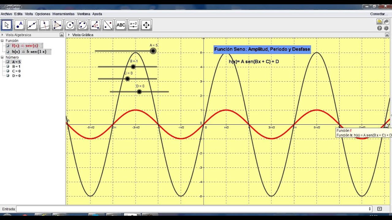 Amplitud, Periodo y desfase Función Seno en Geogebra