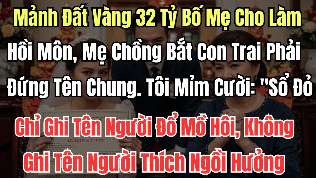 Mảnh Đất Vàng 32 Tỷ Bố Mẹ Cho Làm Hồi Môn, Mẹ Chồng Bắt Con Trai Phải Đứng Tên Chung. Tôi Mỉm Cười: