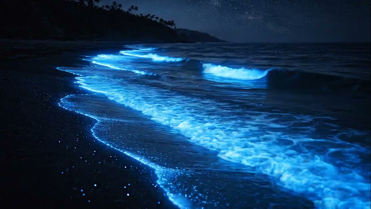 🌊 Bioluminescent Waves on a Tropical Beach at Night | 8 Hours Ocean Sounds for Deep Sleep