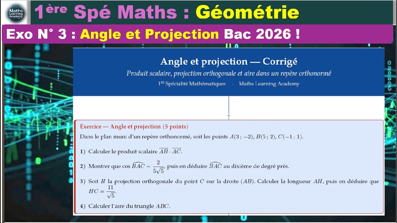 ANGLE & PROJECTION ORTHOGONALE — Corrigé Complet : Produit Scalaire & Aire 📐 | 1ère Spé Bac 2026