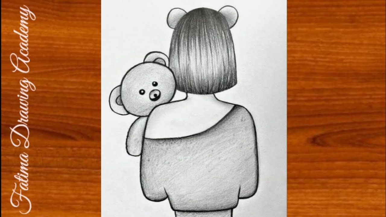 Back View Girl with Teddy Bear | Simple Drawing