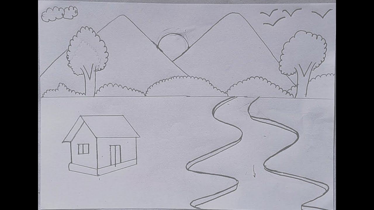 Simple Village and Mountain Scenery Drawing for Beginners