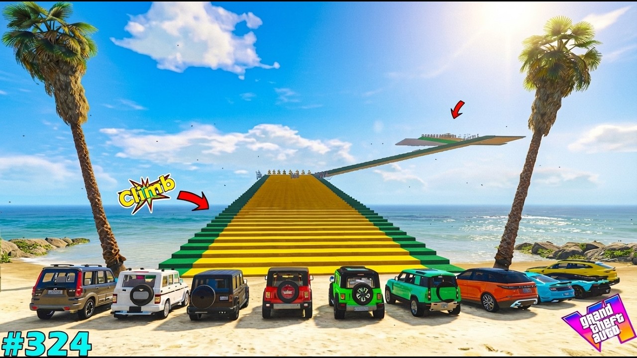 Franklin`s 10 Cars Vs Extreme Climb Ramp | GTA5 Mega Stair Challenge