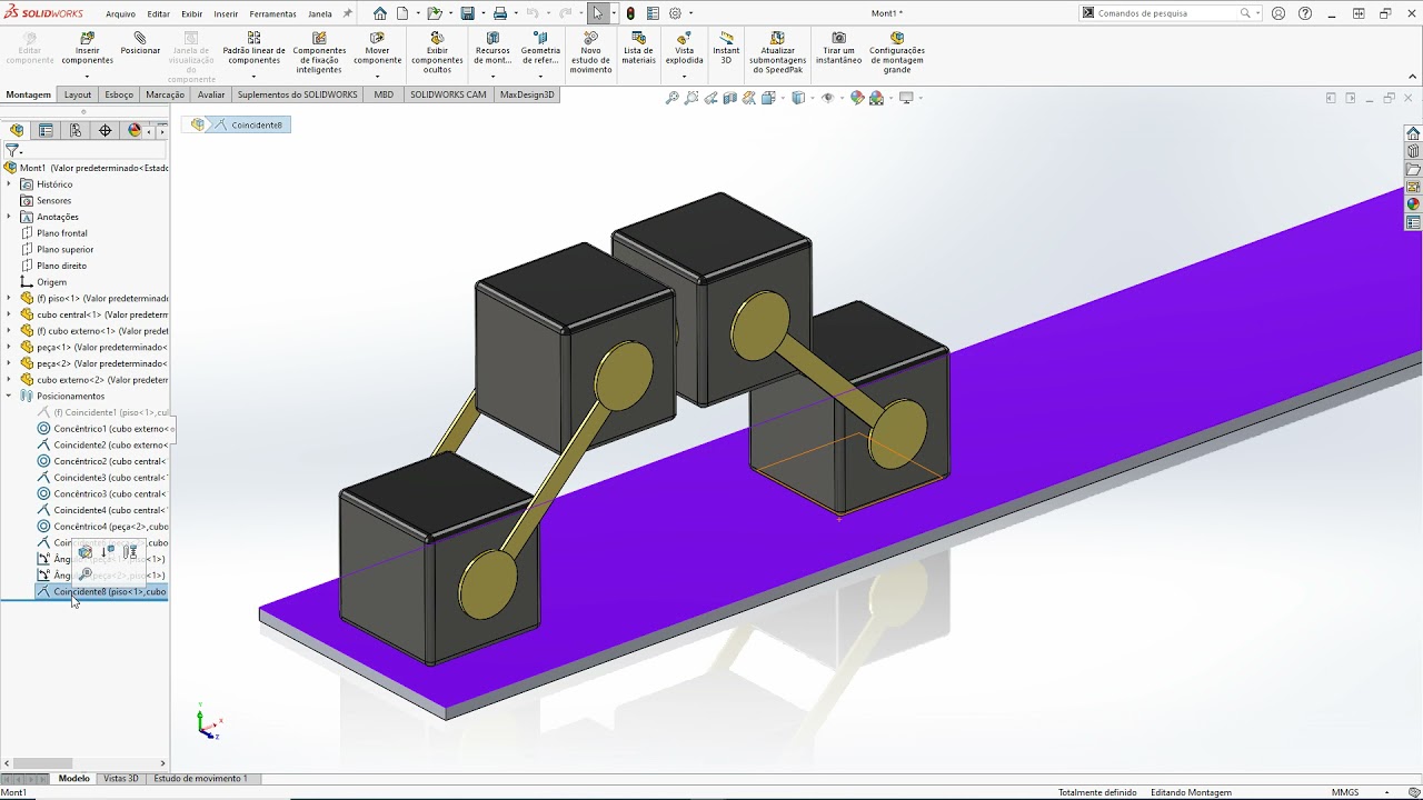 Aula 383 - Simulação de  Movimento Mecanismo - Solidworks - Marcelo Pereira