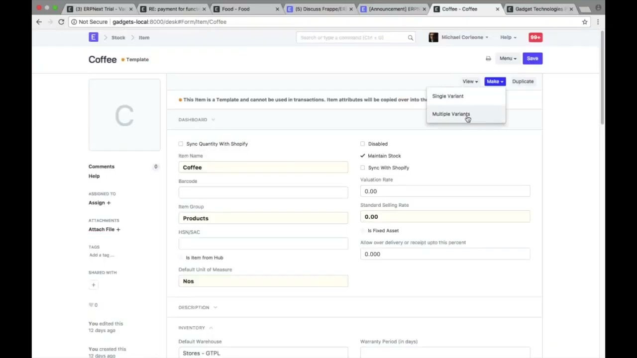 ERPNext   Creating Multiple Item Variants