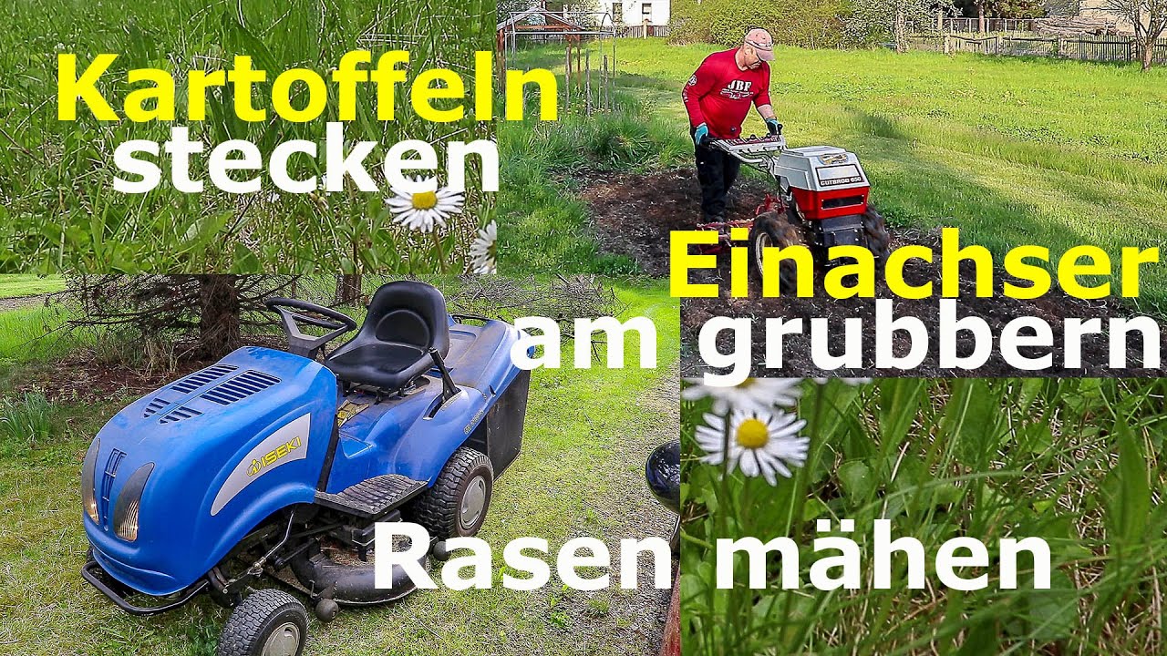 Einachser am Grubbern, Rasentraktor im Einsatz, Kartoffeln und Zwiebeln stecken,